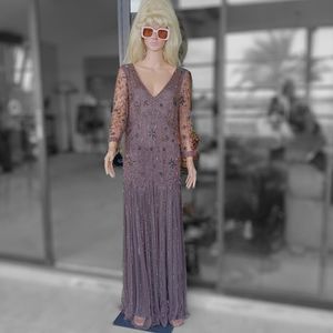 Elegant PISSARO NIGHTS Long Vintage Brown Beaded Gown: Roaring 20's, Drop Waist